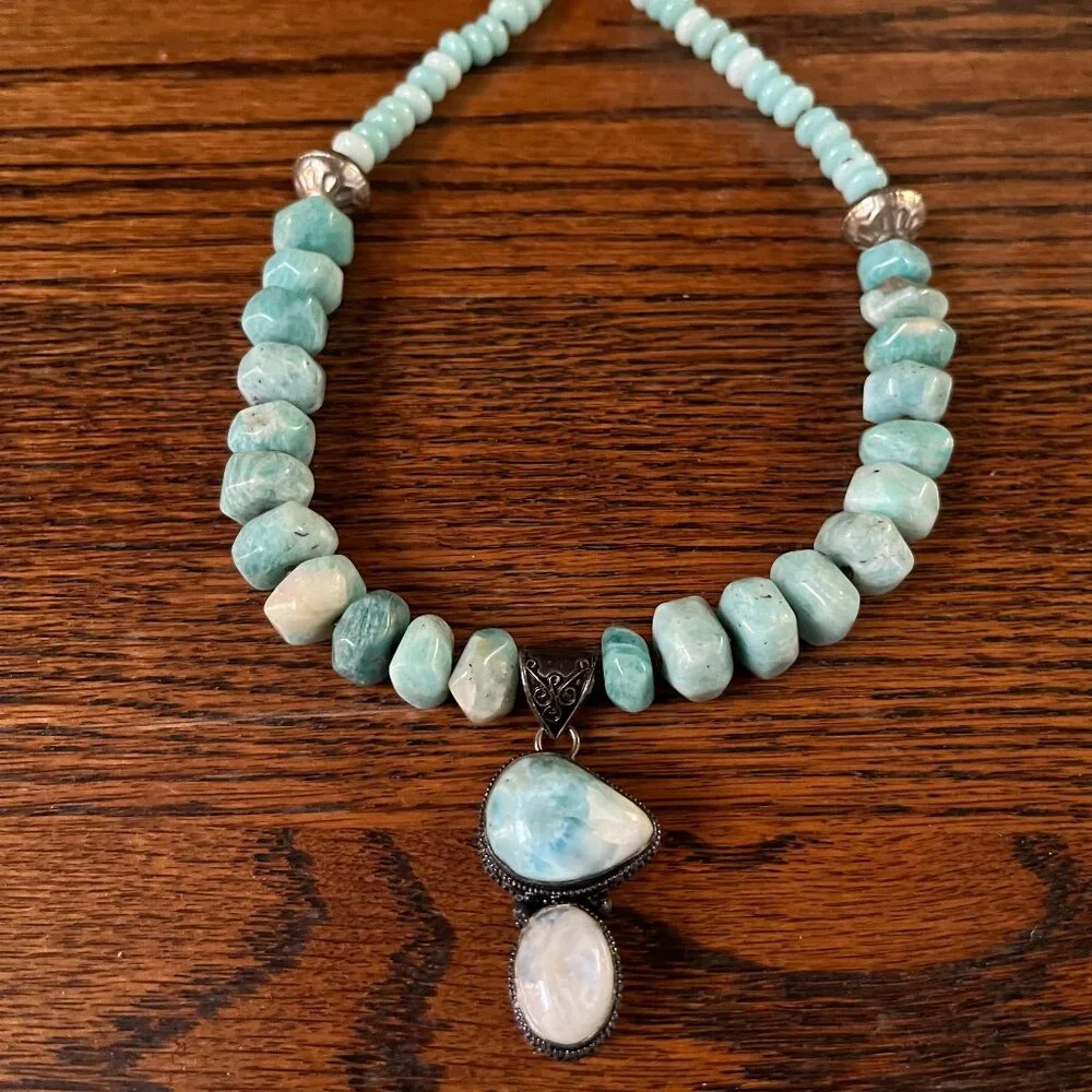 Handcrafted Amazonite, Larimar and Moonstone Beaded Necklace Bronze Tone Accents - Picture 2 of 11